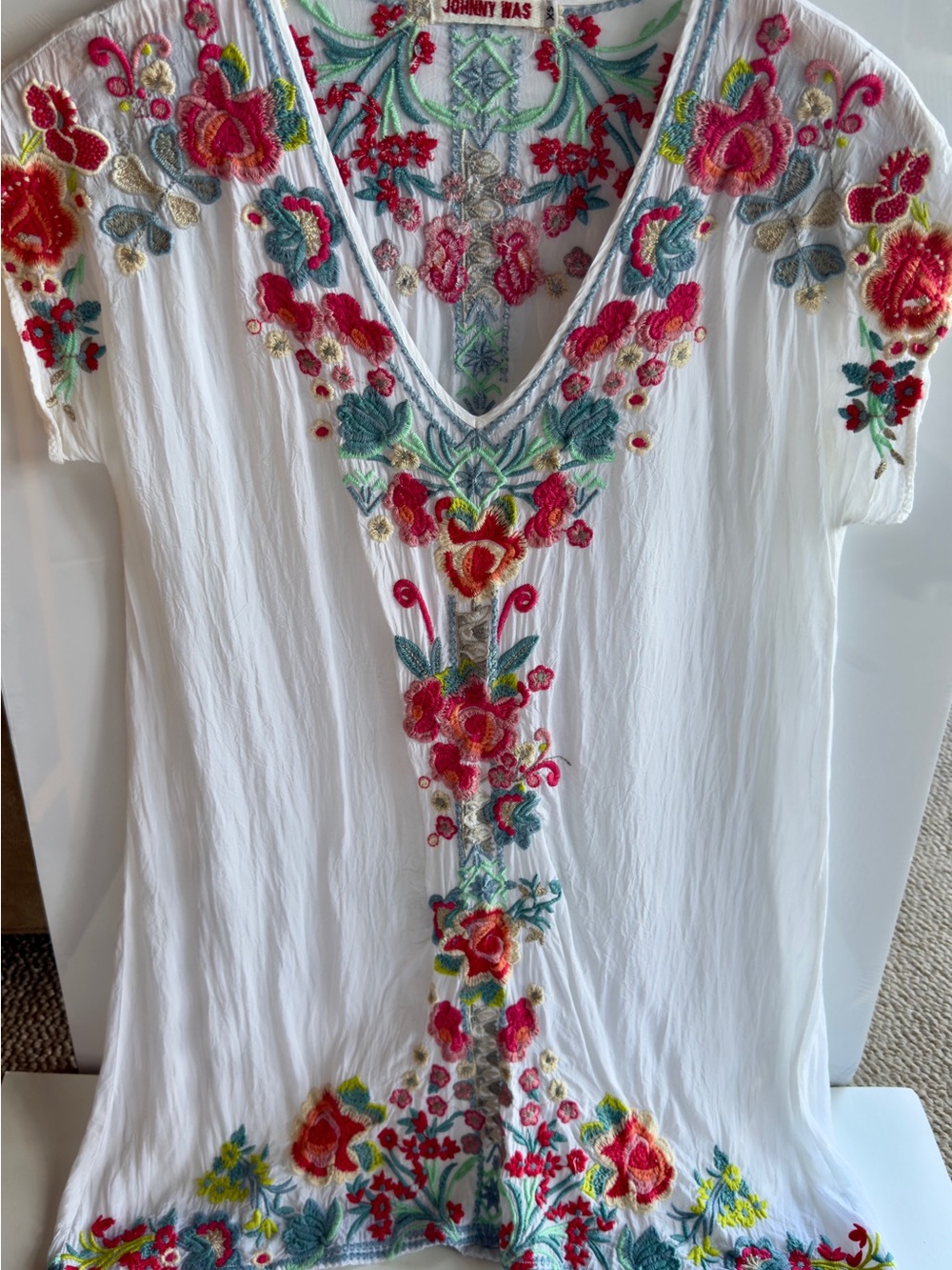 Johnny Was White V-Neck Floral Embroidered Tunic/Dress